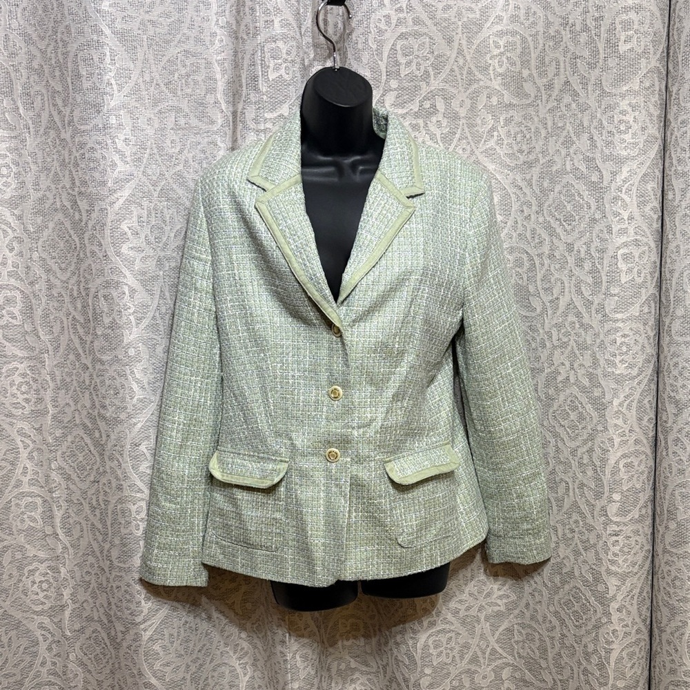 Jaclyn Smith size 10 Women's Green Tweed lined Blazer with silver threading